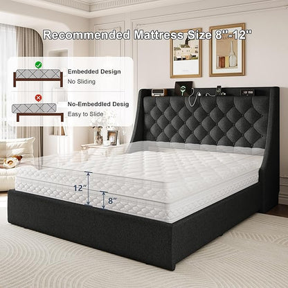 Queen Size Upholstered Platform Bed Frame with 4 Storage Drawers and Charging Station, Linen Button Tufted Wingback Headboard, Sturdy Wooden Support Slats, No Box Spring Needed, Dark Grey