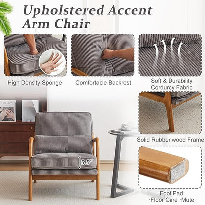 VINGLI Upgraded Premium Corduroy Accent Chairs Set of 2,Upholstered Arm Chair,Solid Wood Comfy Reading Chair with Lumbar Pillow, Mid Century Modern Chairs for Living Room,Bedroom,Light Grey
