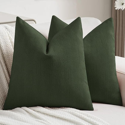 FUTEI Christmas Dark Green Chenille Decorative Throw Pillow Covers 22x22 Inch Set of 2,Soft Cozy Striped Geometric Patterns Cushion Cases,Modern Home Decor for Couch Bed Living Room