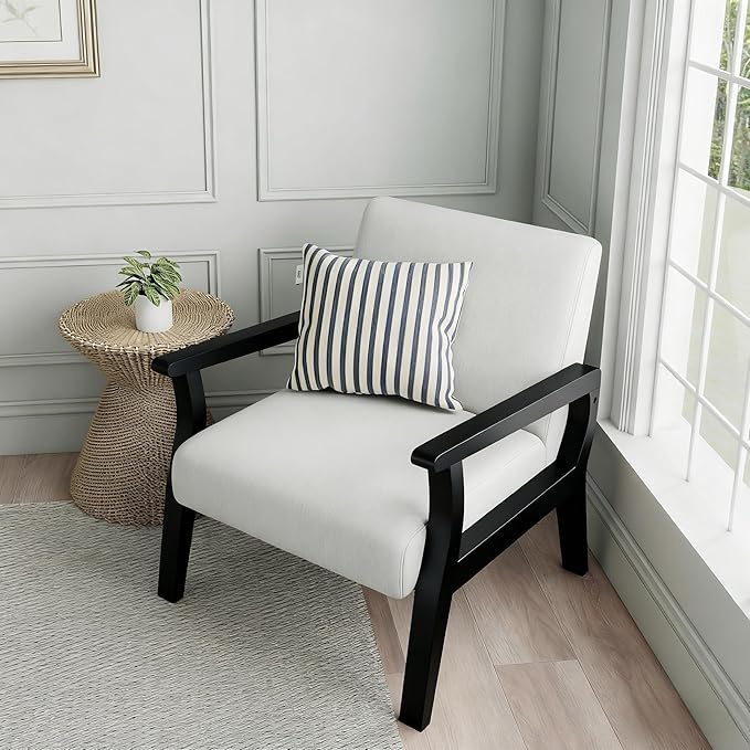 HNY Mid Century Modern Accent Chairs Set of 2 with Black Wood Frames, Linen Upholstered Living Room Arm Chairs for Living Room, Bedroom, Ivory