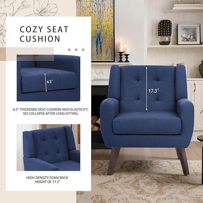 Accent Chairs Set of 2, Mid-Century Modern Upholstered Armchair, Comfy Fabric Living Room Chairs Reading Chairs with Button Tufted Back & Solid Wood Legs for Bedroom, Office, Blue