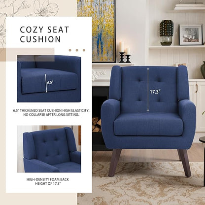 Accent Chairs Set of 2, Mid-Century Modern Upholstered Armchair, Comfy Fabric Living Room Chairs Reading Chairs with Button Tufted Back & Solid Wood Legs for Bedroom, Office, Blue