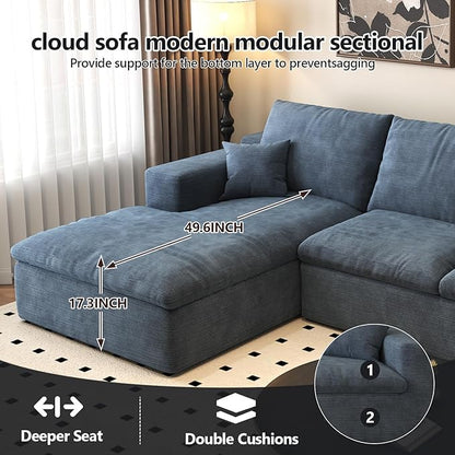107'' L-Shaped Modern Modular Sectional Cloud Couch, 4-Seat Chenille Deep-Seat Sofa with Pillow for Living Room, Bedroom, Apartment, Ocean Blue
