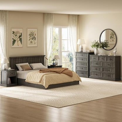 CARPETNAL Farmhouse Dresser and Nightstand Sets for Bedroom, 4 Pcs Bedroom Set, 5 Drawer & 9 Drawer Dresser and Nightstand Set of 2, Wood Chest of Drawers for Living Room, Entryway, Grey