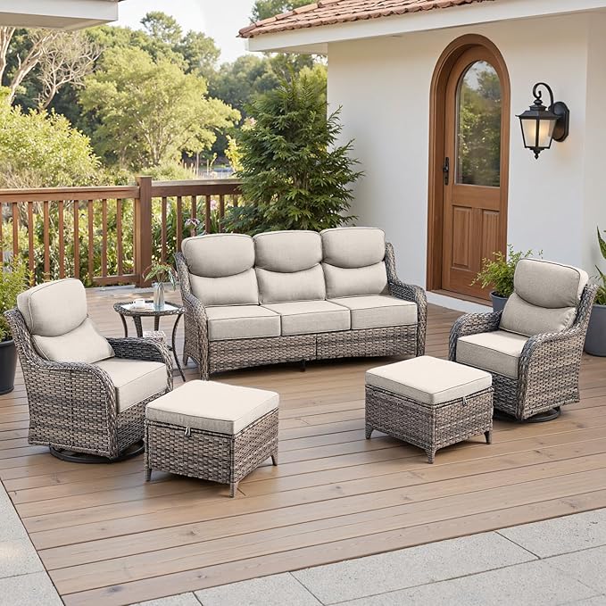 Belord Luxury 6" Thick Cushioned 6 Pieces Patio Furniture Set with Outdoor Couch, Wicker Outdoor Conversation Set with High Back Swivel Rocker Chairs for Deck Porch Yard and Poolside - Grey+Beige