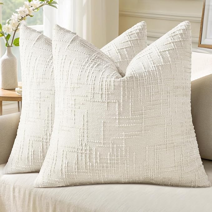 decorUhome Christmas Cream White Chenille Throw Pillow Covers 20x20 Set of 2 Thick Textured Slubby Couch Pillow Covers Farmhouse Accent Modern Neutral Decorative Pillow Cases for Bed Sofa Living Room