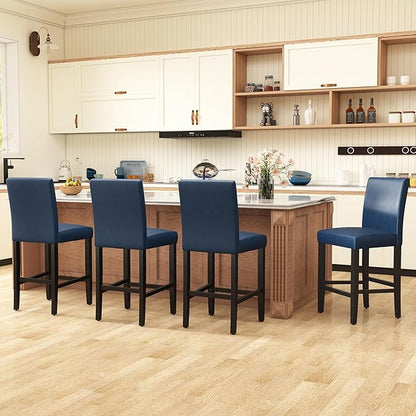 LSSPAID Counter Height Bar Stools Set of 4, 24.8 Inch Upholstered PU Leather Barstools, Modern Kitchen Island Chairs with Backrest and Solid Wood Legs, Navy Blue
