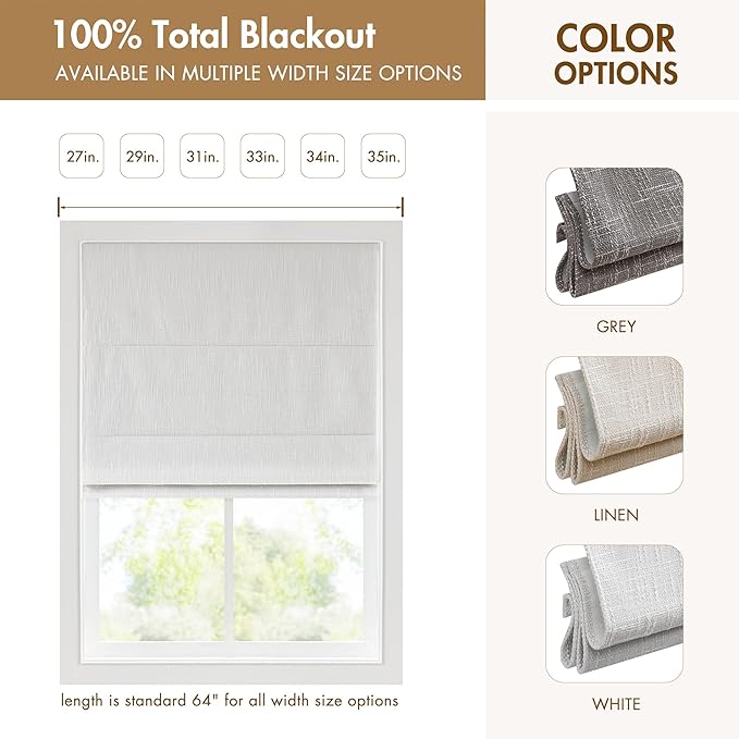 Madison Park Cordless Roman Shades, Total Blackout Window Blind Privacy Window Shades, Thermal Insulated Cordless Window Treatment for Bedroom, Living Room, Quincy, Single Panel 27" W X 64" H White