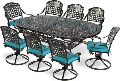 MEETWARM 9-Piece Outdoor Patio Dining Set, All-Weather Cast Aluminum Patio Conversation Set with 8 Cushioned Swivel Rocker Chairs for Backyard Garden Deck, 1 Oval Table, 2" Umbrella Hole, Ocean Blue