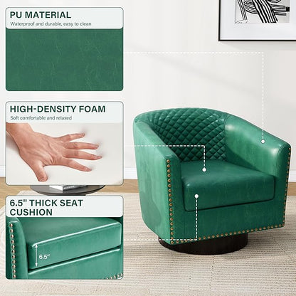 Pia Ricco Faux Leather Swivel Barrel Accent Chairs, 360° Swivel Round Single Sofa Chair, Comfy Upholstered Club Armchair with Nailhead Trim for Living Room/Reading Room/Bedroom, Green