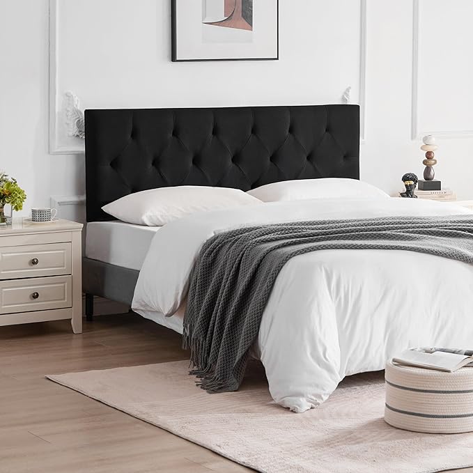 Linen Fabric Upholstered Headboard Queen Size, Modern Diamond Tufting Solid Wood Queen Headboard Only, Adjustable Height from 37” to 51” Head Board, Bed Frame or Wall Mount Headboards, Black