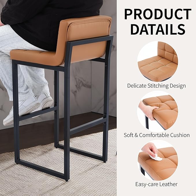 Set of 3 Bar Stools, PU Leather Barstools, 30" Modern High Counter Stools with Back and Thickened Metal Legs, Upholstered Island Chairs for Kitchen Island (Caramel Brown, 3Pcs 30" Bar Stools)