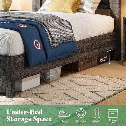 AMERLIFE Farmhouse Twin Platform Bed Frame with 49" Fluted Headboard, Wooden Bed with Natural Grain Finish, Noise-Free, No Box Spring Required, Easy Assembly, Grey