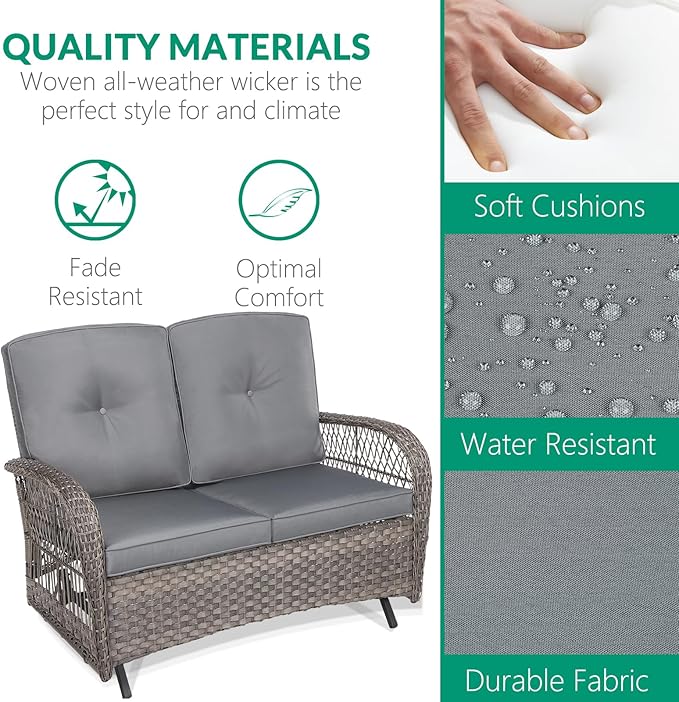 VIVIJASON 2-Piece Patio Wicker Loveseat Glider Set Cushioned, Outdoor Conversation Furniture Sets with 2-Seater Glider Rocking Bench, Coffee Table and Cushions for Porch Garden Poolside, Grey