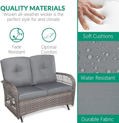 VIVIJASON 2-Piece Patio Wicker Loveseat Glider Set Cushioned, Outdoor Conversation Furniture Sets with 2-Seater Glider Rocking Bench, Coffee Table and Cushions for Porch Garden Poolside, Grey