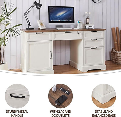 60" Farmhouse Executive Desk with 40" Mobile File Cabinet,L Shaped Desk Set with Charging Station,Office Desk with Storage Drawers,Wood Computer Desk Set for Office Work,Home Study