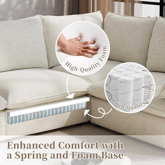 Waterproof Cloud Sectional Couches,High Backrest Down Filled Sofa for Living Room,Modular Sofas 2 Seater with Ottoman,Detachable Couch Covers,Cream White