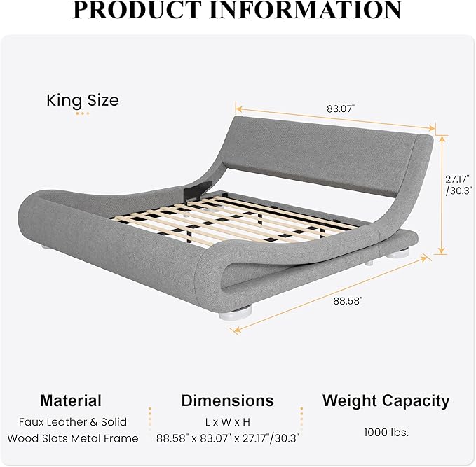 SHA CERLIN King Size Upholstered Bed Frame, Deluxe Low Profile Sleigh Bed with Linen Ergonomics Headboard, No Box Spring Needed & Easy Assembly, Grey