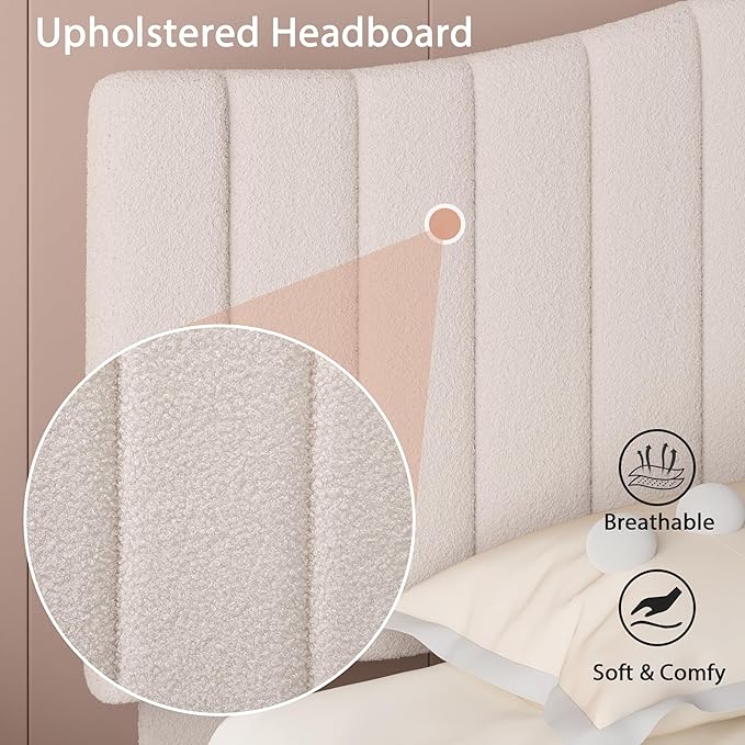 VECELO Queen Size Bed Frame Upholstered Platform Beds with Height-Adjustable Teddy Fabric Headboard, Strong Wood Slats 7.9'' Under Bed Storage Space Noise-Free No Box Spring Needed, Cream