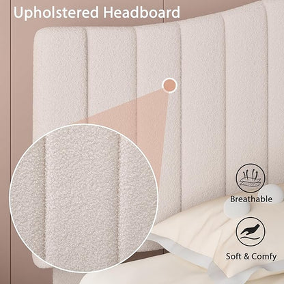 VECELO Queen Size Bed Frame Upholstered Platform Beds with Height-Adjustable Teddy Fabric Headboard, Strong Wood Slats 7.9'' Under Bed Storage Space Noise-Free No Box Spring Needed, Cream