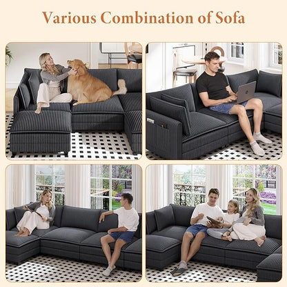 Vesgantti 109" L Shaped Cloud Sectional Couch, Comfy Corduroy Upholstered Modular Couches for Living Room, Modern 3 Seater Sectional Sofa with Ottoman Deep Seat, Dark Grey