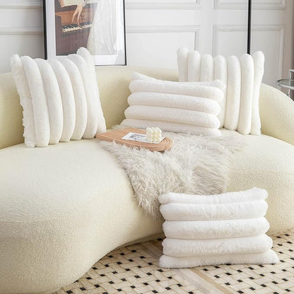 Neelvin Cream White Faux Fur Cozy Soft Striped Decorative Throw Pillow Covers 20x20 inch Set of 2,Velvet Pillowcase Cushion Case for Sofa Couch