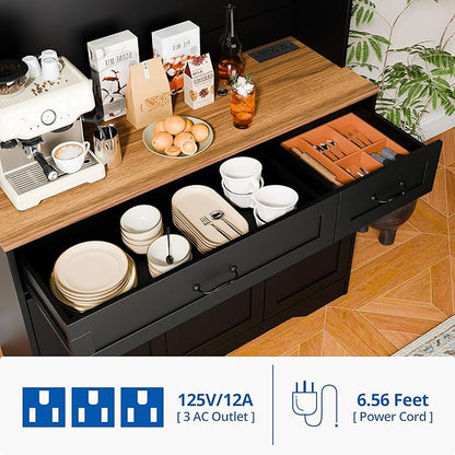 Cozy Castle 71" Tall Kitchen Hutch Cabinet with Drawers and Power Outlet, Farmhouse Pantry Storage Cabinet, Large Wood Coffee Bar Microwave Stand Cupboard for Dining Room Living Room, Black