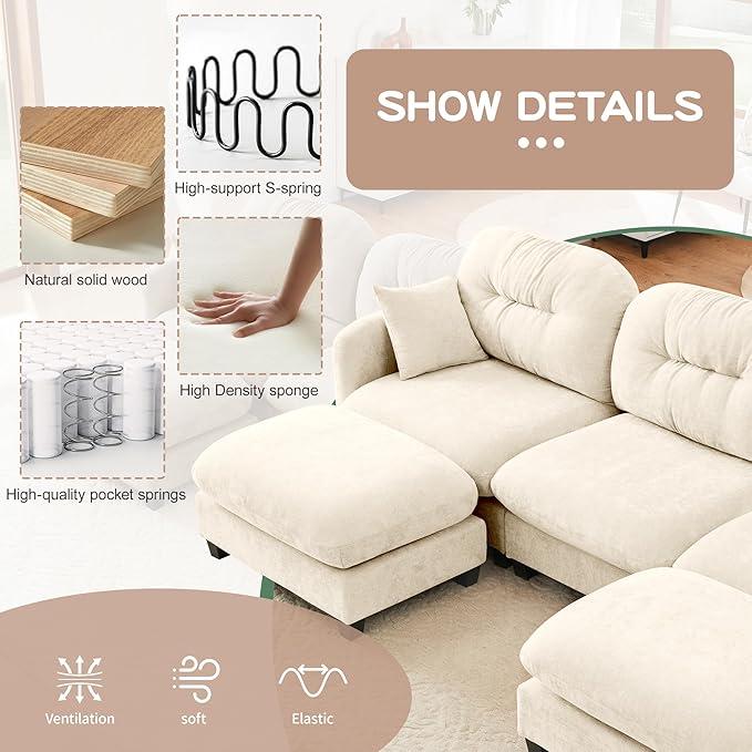 140" 4 Seater Couch for Living Room, Comfy Chenille Fabric Cloud Sectional Couch, Modern Upholstered Deep Seat Sofa with Armrest Pillow, Oversized Sectional Sofa, Beige