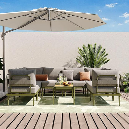 Sundale Outdoor 9 Pieces Patio Furniture Set, U-Shaped Outdoor Sectional Sofa with 6 Inch Olefin Cushion and Coffee Table, Modern Metal Outdoor Conversation Sets (8 Seats,Green Frame)