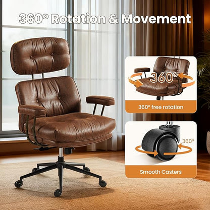 Mid-Century Modern Office Chair, Home Office Desk Chair with Adjustable Lumbar Support, Thickened Cushion Executive Desk Chair with 360 Rolling Swivel for Meeting Game Study Room(Dark Brown)