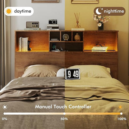 Apicizon 65" Queen Size Storage Headboard, Wood Headboard with Charging Station, Queen with Power Outlets, Ajustable LED Lights for Bedroom, Brown