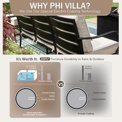 PHI VILLA 6 Piece Patio Furniture Sets with 1 x 3 Seater Padded Deep Seating Bench, 4 x Leg Cushioned Sofa Chairs and 1 x Coffee Table, Outdoor Conversation Metal Furniture Set for 7