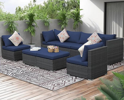 NICESOUL Outdoor Sofa Set of 8, Deep Seating Extra Large Patio Conversation Set, 29.3'' High Back Modern Luxury Wicker Modular Sectional for Backyard Lawn Deck Garden, 2 Color Cushions Navy & Gray