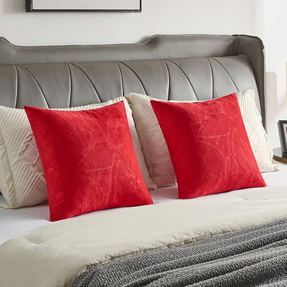 FUTEI Christmas Red Velvet Throw Pillow Covers 22x22 Inch Set of 2,Soft Embossed Leaf-Relief Textured Cushion Cases,Natural Home Decor for Couch Living Room