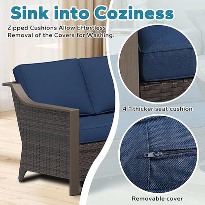 Patio Metal Wicker Swivel Chairs with Ottomans Set of 2, Conversation Furniture Set - 360 Degree Glider Rocker Chairs | 2 Wicker Ottomans, Washable Cushions, Metal armrests (Navy Blue)