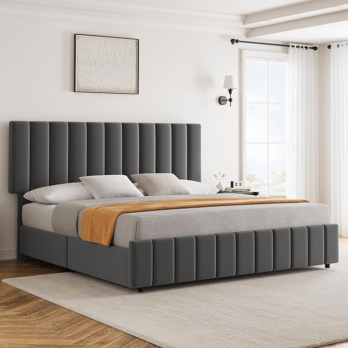 Garvee King Size Bed Frame with 4 Storage Drawers, Adjustable Height Headboard, Linen Upholstered Platform Bed Frame, No Box Spring Needed, Easy Assembly, Grey