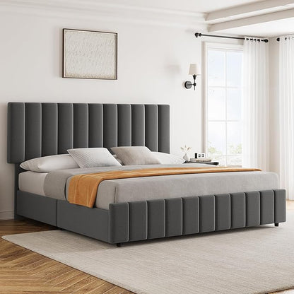 Garvee Full Size Bed Frame with 4 Storage Drawers, Adjustable Height Headboard, Linen Upholstered Platform Bed Frame, No Box Spring Needed, Easy Assembly, Grey
