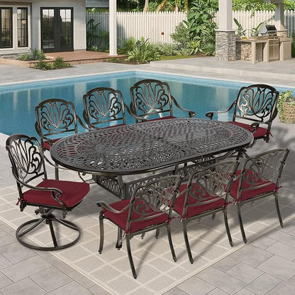 MEETWARM 9-Piece Outdoor Patio Dining Set, All-Weather Cast Aluminum Patio Conversation Set with 2 Swivel Rocker Chairs, 6 Stationary, 1 Oval Table, 8 Cushions, 2" Umbrella Hole, Chili Red