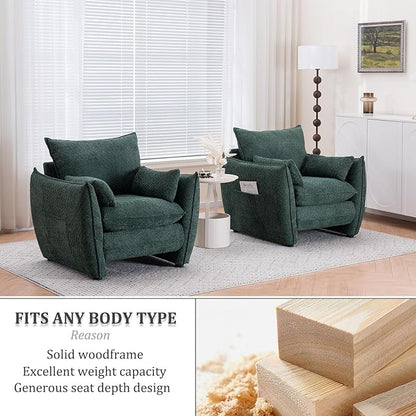 Chenille Oversized Accent Chairs, Modern Oversized Armchair with Removable Pillow, Comfy Living Room Chair with Side Pocket Storage for Bedroom, Office, Green