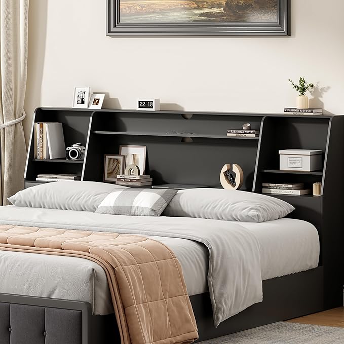 King Size Headboard Only for Bed, Wood Bookcase Headboard with Charging Station & 2 LED Lights, Modern King Bookshelf Headboard with Storage, Noise-Free, Sturdy and Durable, Black