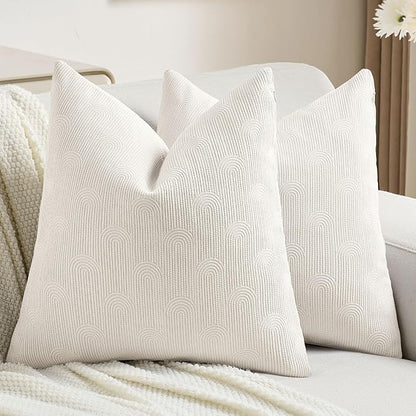 FUTEI Cream Chenille Decorative Throw Pillow Covers 20x20 Inch Set of 2,Soft Cozy Striped Geometric Patterns Cushion Cases,Modern Home Decor for Couch Bed Living Room