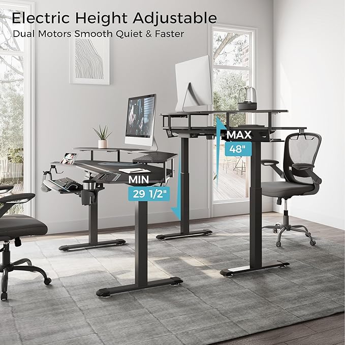EUREKA ERGONOMIC Gaming Desk, Standing Desk w Keyboard Tray, 72" Wing Shaped Music Studio Table with LED Shelves, Gaming Recording Live Stream, Slot Design