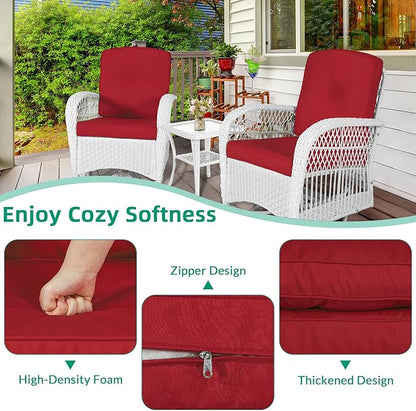 VIVIJASON 3-Piece Outdoor Conversation Bistro Set, Patio Swivel Glider Rocking Chairs Rattan Furniture Sets w/ 2 White Rattan Chairs, Glass Top Side Table for Porch Backyard, Red Cushions