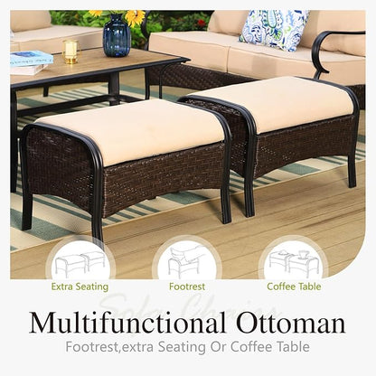 Sophia & William Patio Furniture Set, Outdoor Metal Conversation Set 9 Seats with 3-Seater Sofa, 2 Fix Chairs, 1 Loveseat, 2 Ottoman, 1 Coffee Table for Seating, Lawn Porch Backyard,Beige