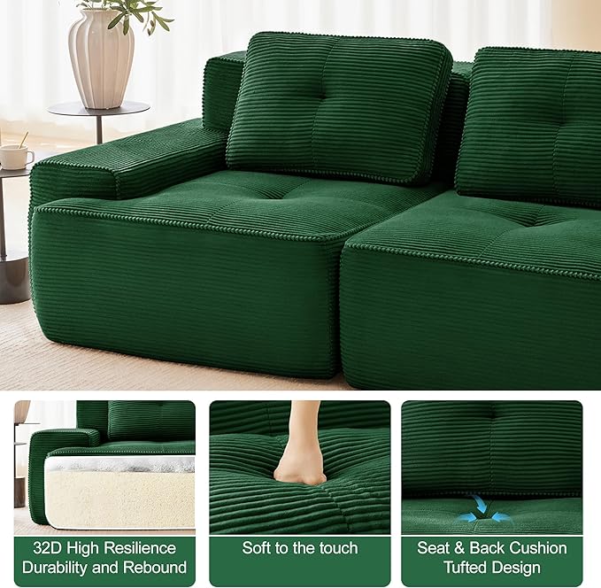 115.3” Green Boneless Couches for Living Room, Modular Sectional Sofa with U-Shape Chaise, 3 Seater Comfy Upholstered Deep Seat Corduroy Fabric Cloud Couch No Assembly, Anti-Slip Design