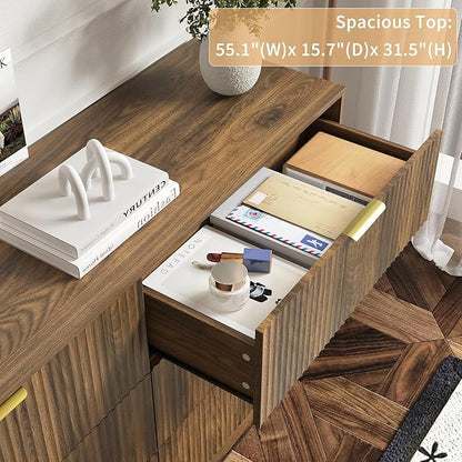 3-Piece Modern Bedroom Furniture Set, Wide 6-Drawer Dresser & 3-Drawer Nightstands Set of 2, Natural Wood Dresser and Nightstand Sets for Bedroom, Hallway, Walnut