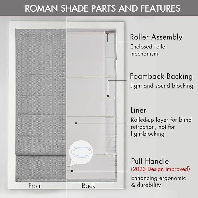 Madison Park Galen Cordless Roman Shade, 23"W x 64"H, Sheen Grey – Room Darkening, Thermal Insulated, Energy Efficient Window Blind with Subtle Sheen Basketweave Fabric for Privacy