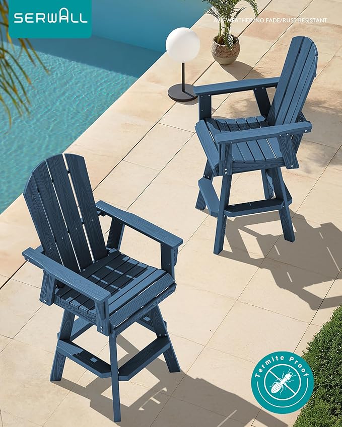 SERWALL 5-Piece Swivel Adirondack Bar Set, HDPE Swivel Bar Height Chairs Set of 4 with Bar Table, All-Weather Outdoor Barstools for Patio, Poolside, Garden, Blue