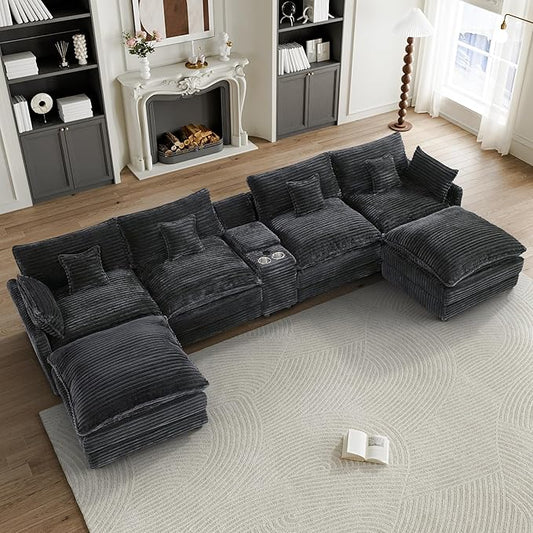HYJT-H&K 145" U Shaped Cloud Couch Modular Dark Grey Sectional Couches for Living Room, Comfy Fluffy Corduroy Oversized Cloud Sectional Couch Large 6 Seat Sectionals Sofa Set Central Console USB Port