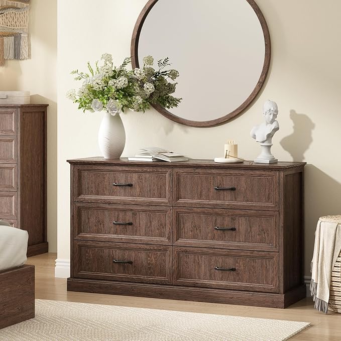 Farmhouse 6 Drawer Dresser for Bedroom, 55 Inch Wide Modern Brown Dresser TV Stand with Large Drawers & Bar Handles, Rustic Wood Chest of Drawers for Bedroom, Living Room, Hallway